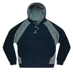 A hooded jumper featuring a dark navy body with grey panels and a front pocket. The hoodie has a logo.