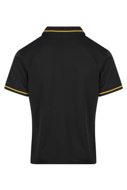 A black polo shirt with yellow accents and a collar, featuring a logo on the back.