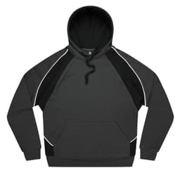 A men's hoodie in dark grey with black accents, featuring a front pocket and a hood. It has a logo.