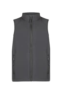 A grey kids' vest with a zip front and two side pockets, featuring a logo on the chest area.