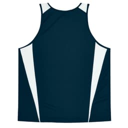 A dark navy singlet featuring white panels on the sides. Includes a logo on the back.