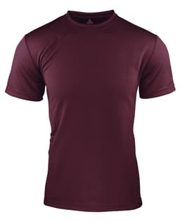 A maroon men's t-shirt featuring short sleeves and a fitted design, with a subtle logo.