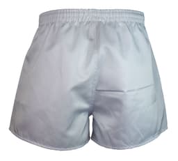 White rugby men's shorts featuring an elastic waistband and a simple design, with a logo on the side.