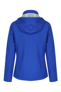 A blue soft shell jacket with a hood, featuring a fitted design and a logo on the back.