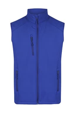 A blue work vest featuring three zippered pockets and a high collar, with a logo on the front.