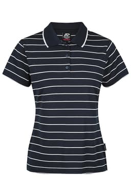 A navy and white striped polo shirt with a collar and short sleeves, featuring a logo.