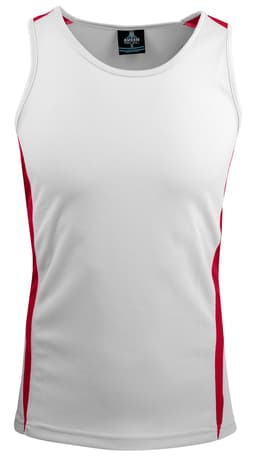 A white singlet with red side panels, featuring a logo on the neckline.