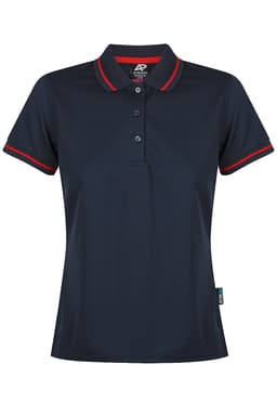A navy polo shirt with red trim and a logo, featuring a classic collar and button closure.