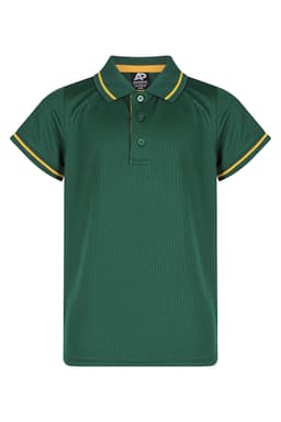 A green polo shirt with yellow accents and a collar, featuring three buttons and short sleeves.