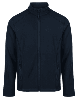 A navy soft shell jacket featuring a zip-up front and two side pockets, with a high neck design.