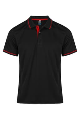 A black polo shirt featuring red collar and sleeve detailing, with a logo on the chest.