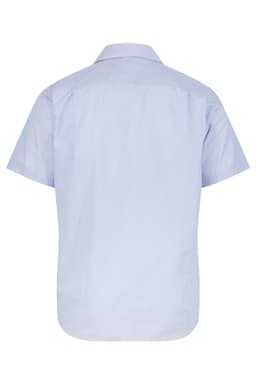 A short sleeve button-up shirt in a light blue colour with a back view design. Features a logo.