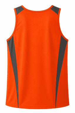 An orange singlet with grey side panels and a logo on the back. Suitable for active wear.