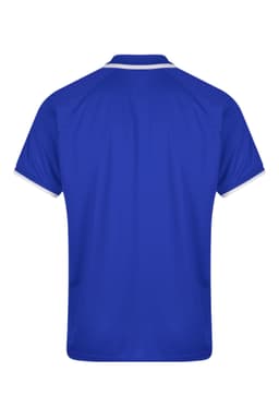 A blue men's polo shirt featuring a contrast collar and sleeves, designed with a logo on the front.