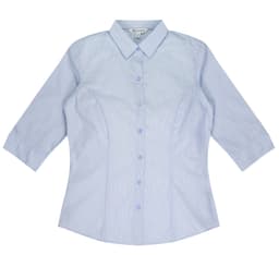 A light blue button-up shirt with 3/4 sleeves and a fitted design, featuring a logo on the label.
