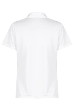 A white polo shirt featuring a collar and short sleeves, with a small logo on the back.