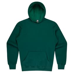 A green hoodie with a front pocket and a hood. It features a logo inside the collar.