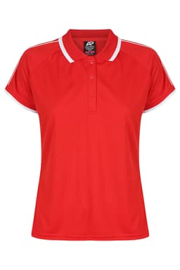 A red polo shirt with white accents and a three-button placket. It features short sleeves and has a logo.