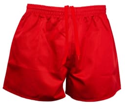 Red rugby men's shorts featuring an elastic waistband and drawstring, with a simple design and a logo.