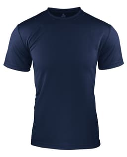 A navy blue men's t-shirt featuring short sleeves and a round neckline, with branding on the collar.