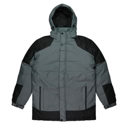 A grey and black men's jacket featuring a hood, with a button-up front and multiple design panels.