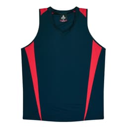 A navy singlet featuring red side panels and a V-neck design. It has a logo on the label.