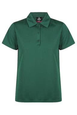 A green polo shirt with a collar, featuring three buttons and a logo. Suitable for casual or active wear.