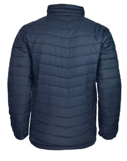 A navy blue men's jacket featuring a quilted design, shown from the back with a raised collar.