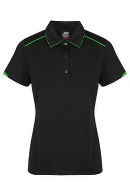 A black polo shirt featuring green accents and a branded logo on the collar.