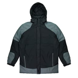 A black and grey men’s jacket with a hood and zippered pockets. It features a logo on the front.