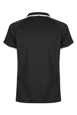 A black polo shirt with a contrasting trim and a logo on the chest.