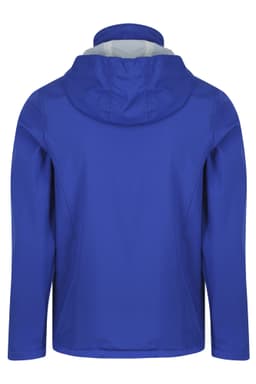 A blue children's jacket featuring a hood, designed with a smooth exterior and an interior lining.