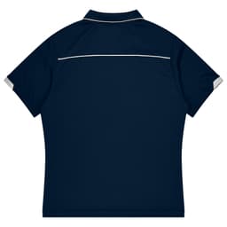 A navy blue polo shirt with short sleeves and a white trim. It features a logo on the back.