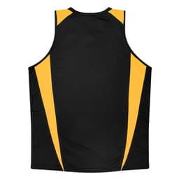 A black singlet with yellow side panels and a logo on the back.