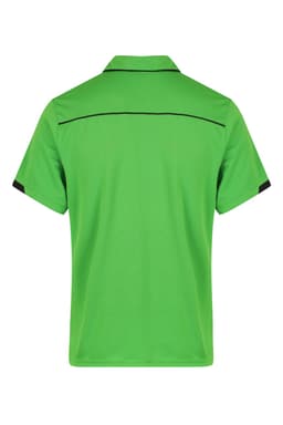 A green polo shirt with black accents, featuring a collar and short sleeves, and a logo on the upper back.