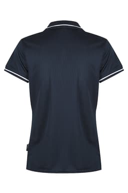 A navy polo shirt with a collar and contrasting stripes, featuring a logo on the side.