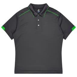 A dark grey polo shirt featuring green accents and a logo on the collar.