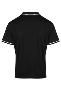 A black polo shirt with a contrasting white trim on the collar and sleeves. It has a logo on the design.