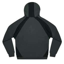 A dark green hoodie featuring a design with contrasting black panels and a hood. The back view highlights the fabric details.