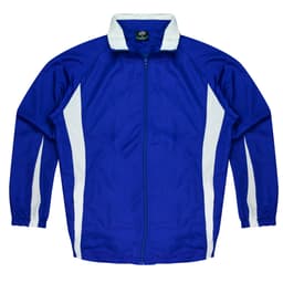 A blue track jacket with white side panels and a collar. It features a front zip and long sleeves.
