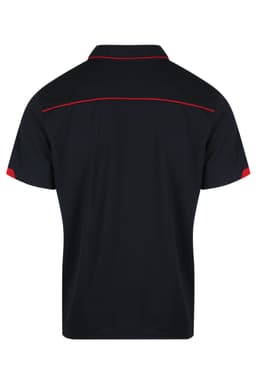 A black polo shirt with red accents, featuring a classic collar and a brand logo.