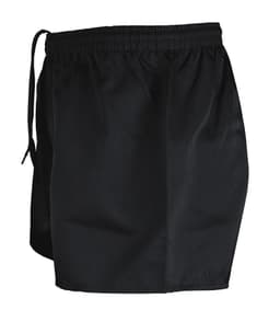 Black rugby shorts featuring an elastic waistband and drawstring, suitable for sports uniforms.