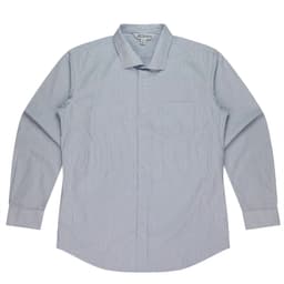 A long-sleeve button-up shirt in light blue and white stripes, featuring a chest pocket and a branded logo.