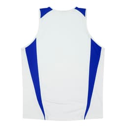 A sleeveless white singlet featuring blue side accents and a logo.