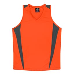An orange singlet with grey side panels, featuring a logo at the neckline.