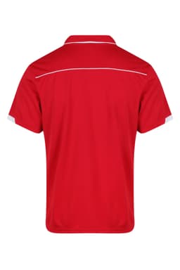 A red polo shirt featuring a collar and white accent sections, with a logo on the back.