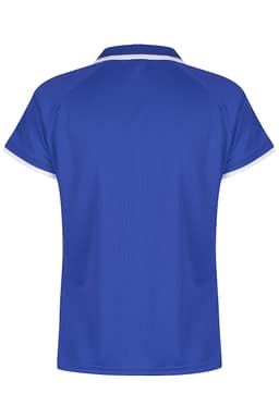 A blue polo shirt featuring a round collar and a simple design, with contrasting trim. It has a logo on the design.