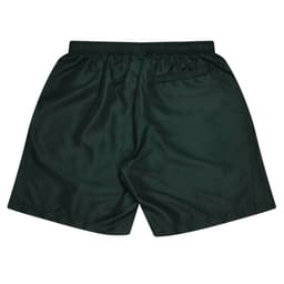 Dark green sports shorts featuring an elastic waistband and a back pocket. Includes branding on the garment.