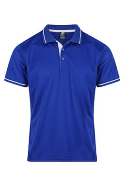 A blue polo shirt with white detailing and a collar, featuring a logo on the upper left.