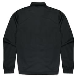 A black kids' jacket with a simple design and elastic cuffs, featuring a branding logo.